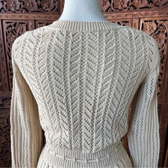 Vintage Adorable Cream Crochet Knit Button-Front Sweater with Drawstring Waist - Picture 7 of 7